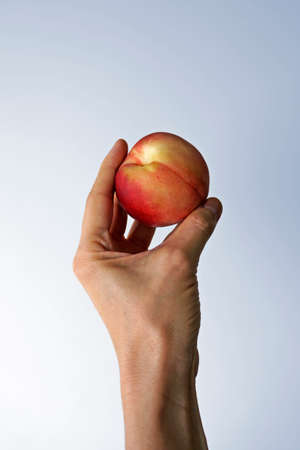 Peach on hand in a bright backgroundの写真素材