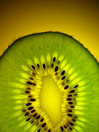 Sliced kiwi on yellow backgroundの写真素材