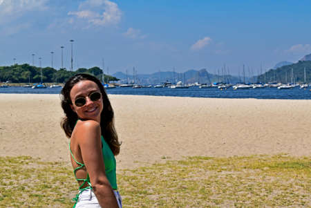 Brazilian girl smiling on the beach, Rio de Janeiroの写真素材