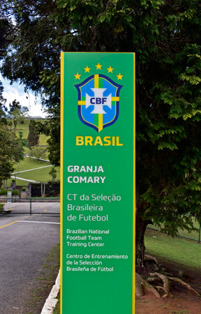TERESOPOLIS, RIO DE JANEIRO, BRAZIL - October 25, 2022: Metal display totem at Granja Comary Football Complexのeditorial素材