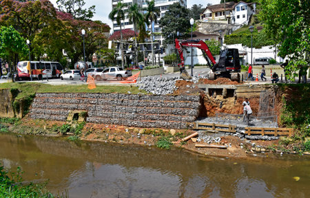 PETROPOLIS, RIO DE JANEIRO, BRAZIL - October 28, 2022: Containment works on river banksのeditorial素材