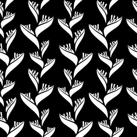 Seamless pattern with stylized heliconia flowers in black and whiteの写真素材
