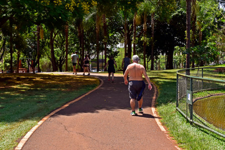 RIBEIRAO PRETO, SAO PAULO, BRAZIL - December 26, 2023: Elderly man and other people walking in public parkのeditorial素材