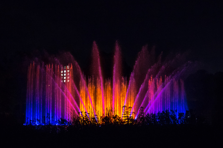 Light and water show on Fountain in the Night, Planten un Blomen, Hamburg, Germany, Europeの写真素材