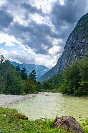 View over the Torrener Stream to the Alps in Salzbuger Land near Golling, Austria, Europeの写真素材