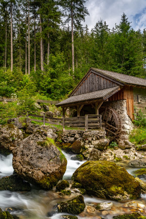 Long Exposure of Mill with Stream near Gollinger Waterfall, Austria, Europeの写真素材