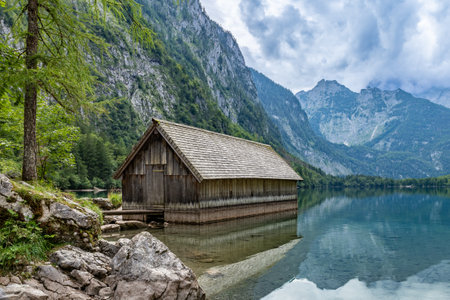 Boat House at Obersee Mountain Lake in Alps, Berchtesgaden, Germany, Europeの写真素材