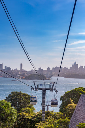 Sydney, Australia â December 28, 2021: The Sky Safari Cable Car at Taronga Zoo with Skyline of Sydney in background .のeditorial素材