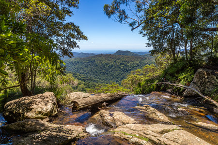 Flowing water and view over mountains of Binna Burra section of Lamington National Park, Queensland,...