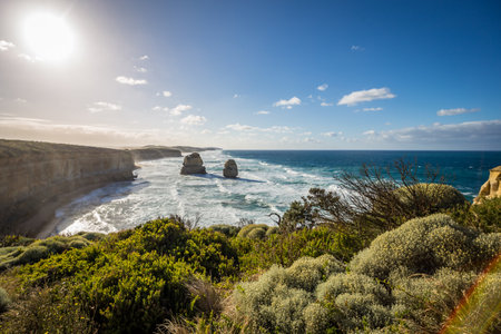 Breathtaking sight of the Twelve Apostles rock formations against the ocean, showing nature's...