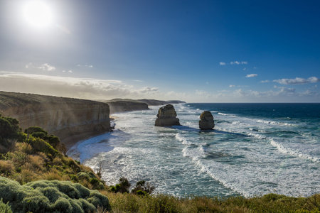Breathtaking sight of the Twelve Apostles rock formations against the ocean, showing nature's...