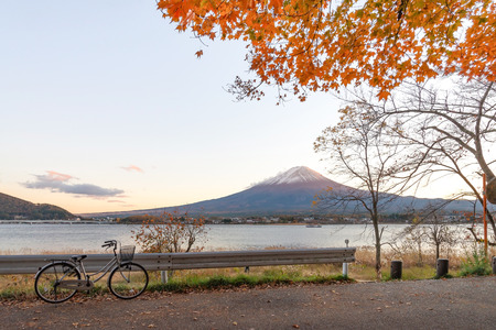 Fujisan in the evening time in autumn at lake Kawaguchi.の写真素材