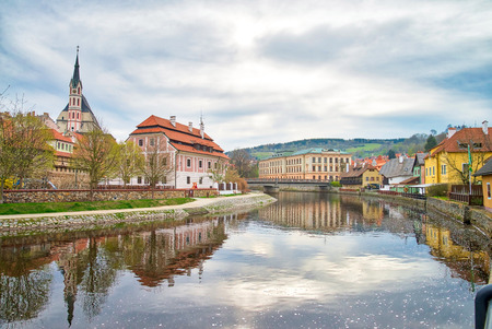 Saint Vitus Church in the morning view from Vltava river in Cesky Krumlov, Czech