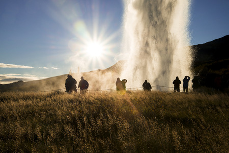 Geysir, Iceland - Sep 2016 : Lot of people looking hot spring eruption.