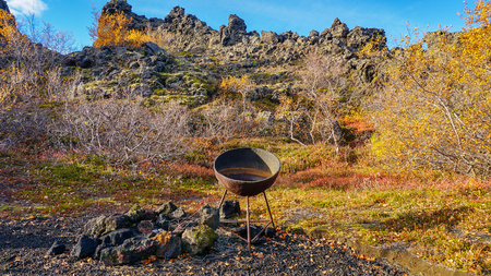 Rocky landcape of Dimmuborgir in summer autumn, Icelandの写真素材