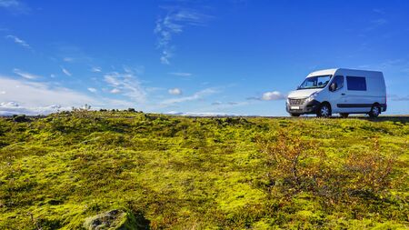 The Beautiful panorama view of blue sky and eldhraun lava field. The Green moss covered lava rock.の写真素材