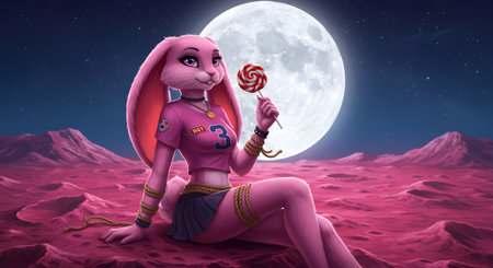Pink witch with lollipop in the desert - 3d renderの素材