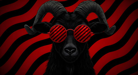 Black goat with red sunglasses on black and red stripes background. Toned.の素材
