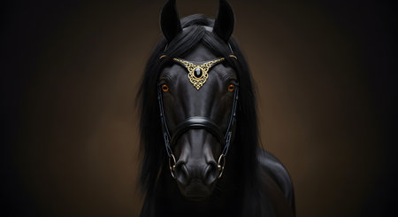 Portrait of a beautiful black stallion with golden ornaments on the maneの素材