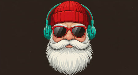 Santa Claus with headphones listening to music. Vector illustration on black background.の素材