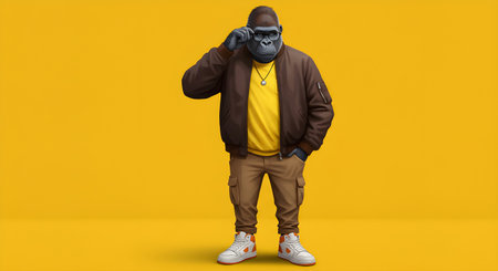 African american man wearing a black mask on a yellow background.の素材