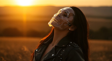 Beautiful young woman with skull makeup at sunset. Halloween concept.の素材