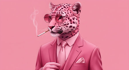 Fashionable leopard in a pink suit with a cigarette on a pink backgroundの素材