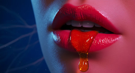 Female lips with red lipstick and heart on a blue background. 3d renderingの素材