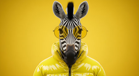 Funny zebra wearing a yellow jacket and sunglasses. 3d renderingの素材