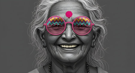 Portrait of a happy elderly woman with pink glasses and heart on her faceの素材