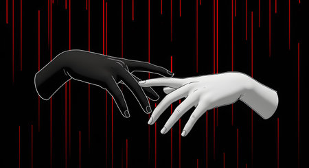 3d render of white hands with red lines on a black backgroundの素材