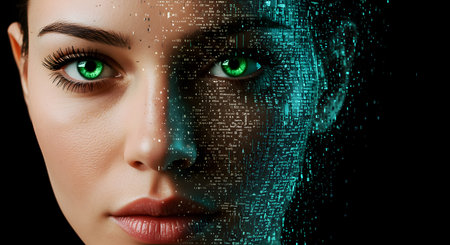 Beautiful young woman with green eyes and digital code on her faceの素材