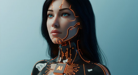 Cyborg woman with futuristic interface. Artificial intelligence concept. 3D Renderingの素材
