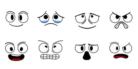 Cartoon face and eyes expressions vector set. Cartoon comic emotion effects set. Stock vector illustration isolated on white backgroundのイラスト素材