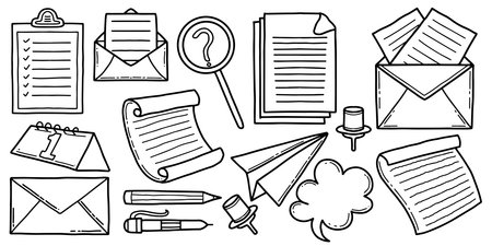 Hand drawn office communication and business doodle set. Sketch vector collection of work and administration iconsのイラスト素材