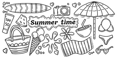Doodle summer beach vacation elements set. Hand drawn black and white summer time collectionのイラスト素材