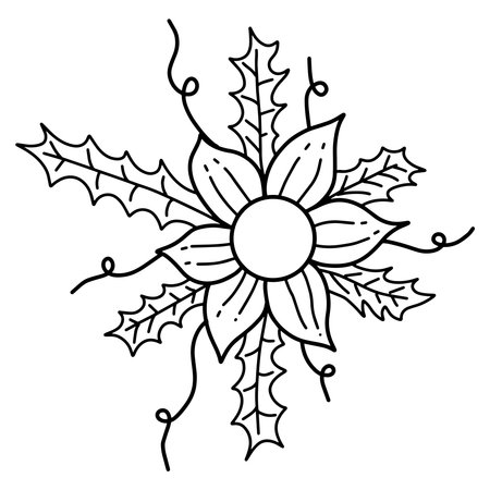 Hand drawn poinsettia flower and holly christmas doodle. Design element for greeting card, invitaton or festive banner isolated white backgroundのイラスト素材