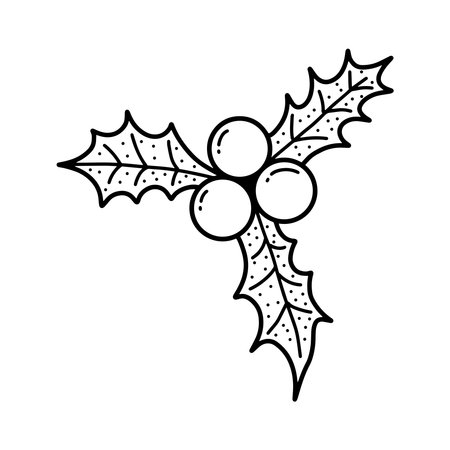 Hand drawn Holly leaves and berries icon. Christmas Doodle, Holly berry clipart in black and white outlineのイラスト素材