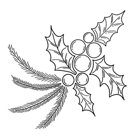 Christmas holly and pine branch line art doodle sketch. Perfect for holiday greeting cards and coloring pages. Vector hand drawn compositionのイラスト素材