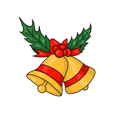 Colorful christmas bells with holly and ribbon vector illustration. Greeting card for Christmas, New Year. Festive decoration, design elementのイラスト素材