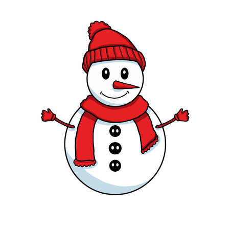 Smiling snowman with red hat and scarf. Warm winter cartoon snowman vector illustrationのイラスト素材