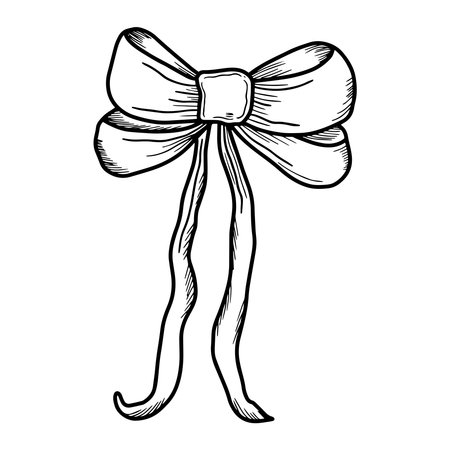 Hand drawn vintage bow with long tails. Elegant gift ribbon sketch outline style. Decorative vector illustration symbolizing celebration, gift, and festivityのイラスト素材