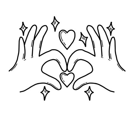 Hand heart gesture with sparkles and love vector line drawing vector illustrationのイラスト素材