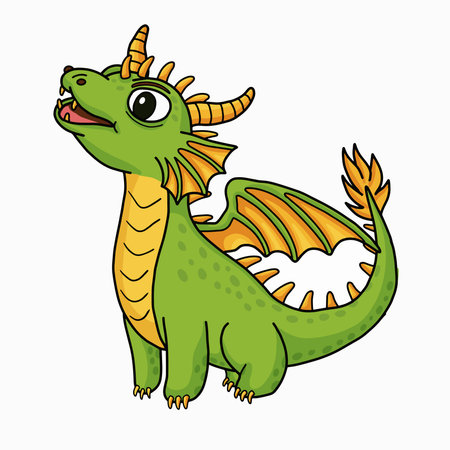 Cute green baby dragon with orange wings vector. Funny cartoon fantasy monster character illustrationのイラスト素材