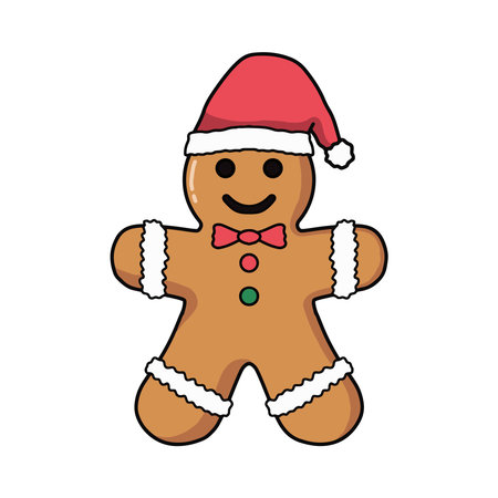 Cute cartoon gingerbread man with santa hat vector illustration. Winter christmas celebration theme...