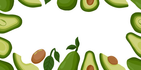 Fresh avocado border with central frame banner copy space. Organic avocado slices and whole fruit background templateのイラスト素材