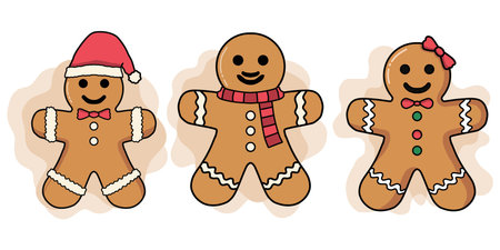 Hand drawn gingerbread characters with santa hat and scarf for holiday design. Three adorable gingerbread people dressed for Christmas celebrationのイラスト素材
