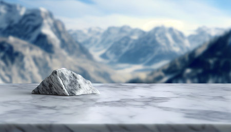 Marble tabletop with mountain background, tabletop mockup for product display design. Generative Ai artの素材