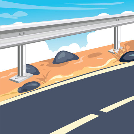 road on the edge of a cliff in a hilly area, with iron fences to protect the road vector illustration element designのイラスト素材