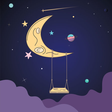 vector illustration of a swing hanging on the moon with a space backgroundのイラスト素材